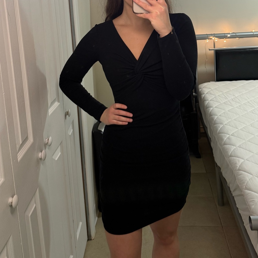 Black Twist Front Long Sleeve Mini Dress